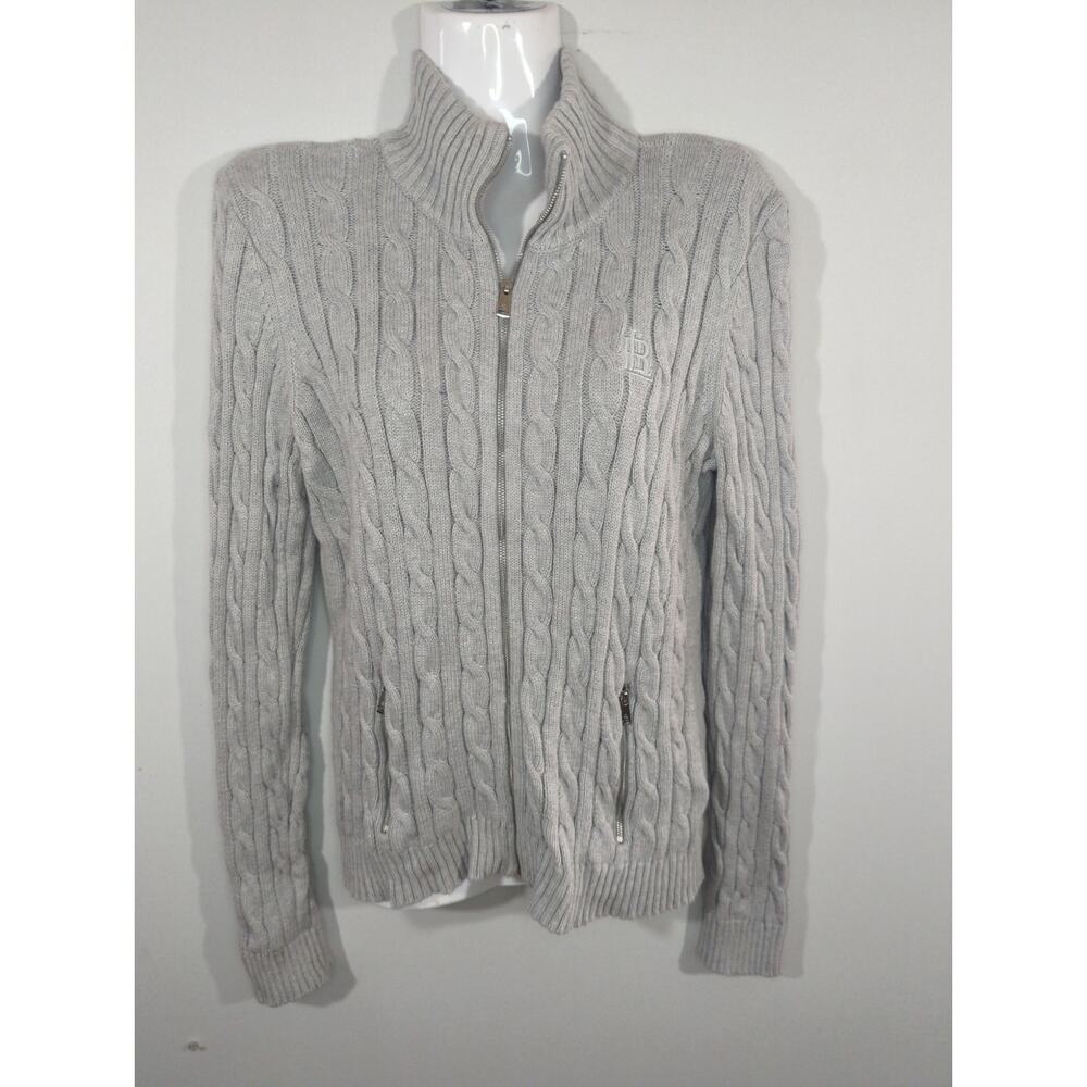 Lauren Ralph Lauren Light‎ Gray Cable Knit Zip Up Sweater Womens MED CabinCore